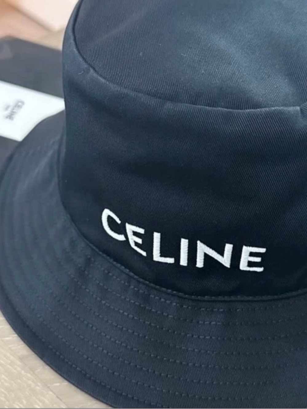 Celine Black Bucket Hat with White Embroidered Logo